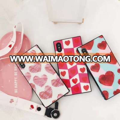 Luxury Square Tempered Glass Heart Pattern TPU Bumper Phone Case For Iphone X